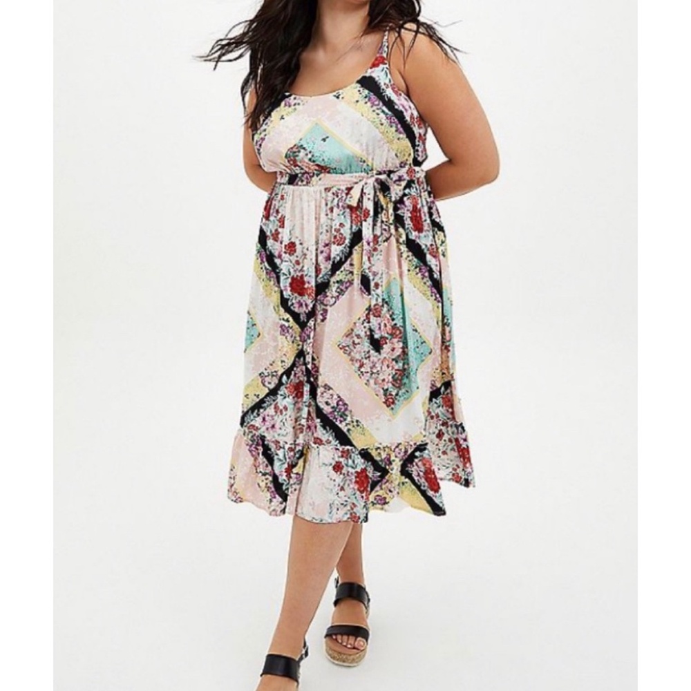 🆕 Multi Scarf Print Challis Tier Midi Dress 0 L 12 NWT Torrid New!
